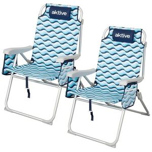 AKTIVE Aruba 62416 Strandstoelen, inklapbaar, aluminium en polyester, rugleuning met 5 posities, kantelbeveiliging, rugzakgrepen, tassen, blauw, model Aruba