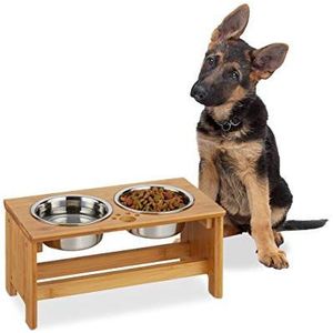 Relaxdays voerbak met standaard, voor honden, 2 etensbakjes, elk 700 ml, HxBxD: ca. 18,5 x 40 x 20,5 cm, natuur/zilver