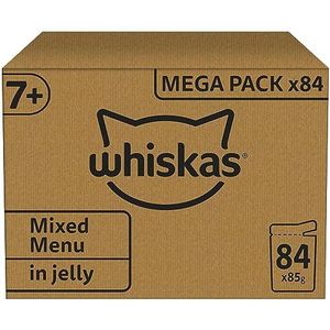 Whiskas Senior 7+ katten natvoer Mix Selectie in Gelei, 84 portiezakjes, 84x85g (1 bulkverpakking) - Hoogwaardig katten natvoer, voor katten van 7 jaar en ouder