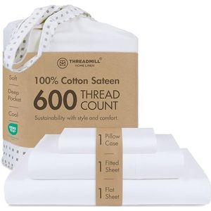 Threadmill Home Linen Twin-XL Lakens - 100% natuurlijk katoen 600 draadtelling, 3-delige satijnen geweven hotel witte lakenset, comfortabel ELS gekamd katoen, effen lakens met elastische diepe zak