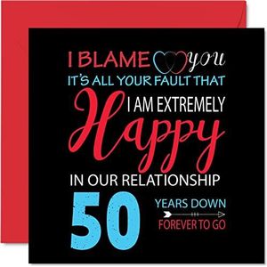 Grappige gouden verjaardagskaart voor echtgenoot vrouw - Your Fault I'm Extremely Happy - Happy 50th Wedding Anniversary Card voor Partner, 145mm x 145mm wenskaarten voor vijftigste jubilea