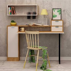 Homemania Bureau Joy – PC-standaard – met planken, tabletten, deuren – voor kantoor, werkkamer, slaapkamer – wit, saffier eiken, zwart van melamine spaanplaat, 145 x 60 x 88 cm