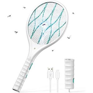 CONOPU Elektrische vliegenmepper, 4000 V elektrische insectenverdelger, USB-vliegenvanger, LED-lamp, afneembare zaklamp, oplaadbaar, dubbellaagse gaasbescherming, voor huis, tuin