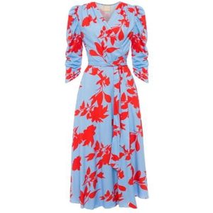 Swing Fashion Blauw-rode midi-jurk met omslag en Trinity-bloemenpatroon in reliëf, maat 38, blauw-rood, 38