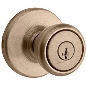 Kwikset Tylo deurknop met slot en sleutel, veilige handgreep aan de buitenkant, vooringang en slaapkamer, antiek messing, pick-proof SmartKey Rekey Security en Microban