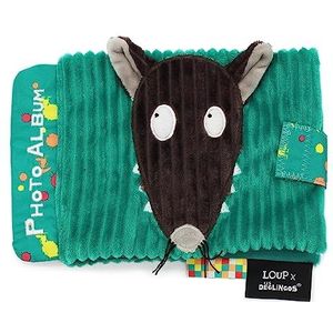 Les Deglingos Wolf X Les Déglingos Fotoalbum, groen, 10 hoezen, ideaal voor kindercrèche, ultrazacht, cadeau-idee voor de geboorte, vulling van gerecycled polyester, 20 cm