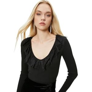 Koton Dames Regular Fit Geribbeld V Lacy Neck Gebreide Sweater, zwart (999), M