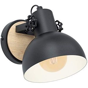 EGLO Wandlamp Lubenham, 1-lichts vintage wandlamp in industrieel design, retro wandspot van staal en hout, kleur: zwart, bruin, fitting: E27