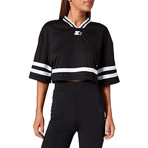 STARTER BLACK LABEL Dames T-shirt buikvrij, oversized crop top van mesh stof, V-hals college contrasterende strepen, maat XS tot XL, zwart/wit, M