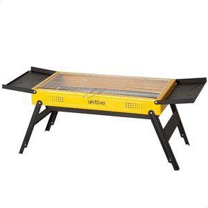 AKTIVE 63124 Inklapbare houtskoolgrill, geëmailleerd staal, 89 x 22 x 32 cm, met zijdelingse planken en roestvrijstalen grill, draagbaar ontwerp, optimaal voor tuin en camping