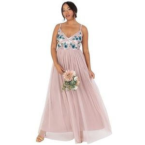 Maya Deluxe Maxi-jurk voor dames, mouwloos, diepe V-hals, cami, bloemen, pailletten, verfraaid tule A-lijn voor gelegenheid baljurk, Frosted Roze, 38