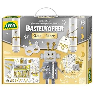 Lena 42666 Premium XXL knutselkoffer, goud en zilver met 1500 delen, knutselmateriaal met glitterschuimrubber, metallic papier, parels, edelstenen, bladgoud, pompon en meer, voor kinderen vanaf 5 jaar