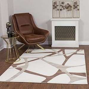 Surya Vichy Abstract vloerkleed, vloerkleden voor woonkamer, hal, eetkamer, slaapkamer, marmeren tapijt, zacht middelgroot, gemakkelijk te onderhouden - modern tapijtlopers, 80 x 150 cm, wit, bruin en