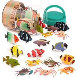 Terra 60-delige set dierenfiguren, verzameling vissen en zeedieren, speelgoedset – clownvis, blauwe doktervis, krabben en meer – speelgoed vanaf 3 jaar