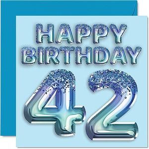 42e verjaardagskaart voor mannen - blauwe glitter feestballon - gelukkige verjaardagskaarten voor 42 jaar oude man vriend vader broer oom neef, 145 mm x 145 mm tweeënveertig tweeënveertig seconden