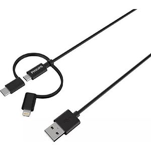 Philips DLC3104T/03 3-in-1 multi-oplaadkabel - Apple iPhone oplaadkabel Lightning - USB-C kabel - micro-USB-kabel - Samsung - 1,2 meter - zwart