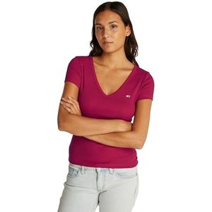 Tommy Jeans Dames TJW SLIM ESSENTIAL RIB V SS S/S T-shirt, rood, XXS, Rood (Briljante Berry), XXS
