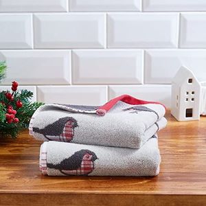Fusion Badkamer - Kerst Robin - 100% Katoen Jacquard Set van twee Handdoeken, Tartan Rood, 50 x 90cm