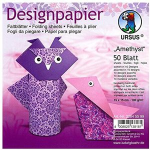 Ursus 22845599 - Designpapier Amethist, 50 vellen in 10 verschillende motieven, ca. 15 x 15 cm, 100 g/m², aan beide zijden bedrukt, ideaal voor het vouwen van creatieve origami dieren