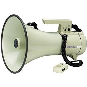Monacor TM-35 Megafon met handmicrofoon en schakelbare sirene, 35 watt megaphon met spreekvergrendelingsknop, schouderriem, autoaansluitkabel en draaggreep, beige