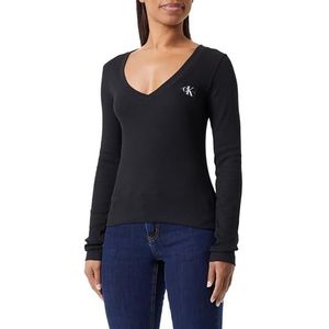 Calvin Klein Jeans Vrouwen Geweven Label V-hals Lange Mouw L/S Gebreide Tops, zwart., XXS