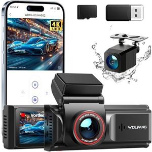 WOLFANG 4K Dash Cam WiFi-dashcam voor en achter, dubbele autocamera, dashcam met 3 ""IPS, super nachtzicht, lusopname, G-sensor, 170 groothoek, parkeerwacht, met SD-kaart, APP-bediening