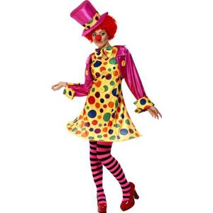 Clown dameskostuum meerkleurig overhemd vlinderdas gestreepte panty hoed, large Medium Meerdere