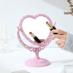 XPXKJ Spiegel 7 inch hartvormige spiegel tafelblad ijdelheid make-up spiegel schoonheid spiegel met 3x vergroting vintage spiegel, badkamer slaapkamer dressing spiegel (roze hartvormig)
