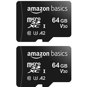 Amazon Basics Micro-SDXC-geheugenkaart, met adapter in volledige grootte, A2, U3, leessnelheid tot 100 MB/s, 64 gb, set van 2, zwart