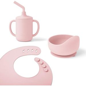 Ergobaby Kindervoedingset Basis voor baby's en peuters vanaf 6 maanden, babyservies met beker, kom en slabbetje, zonder BPA, PVC en ftalaten, Blush Pink
