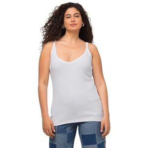 Ulla Popken Geribde top voor dames, slimfit, V-hals, mouwloos, smalle bandjes, sneeuwwit, 46-48