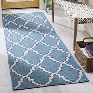 Safavieh Nico Dhurrie Handgeweven tapijt, plat geweven tapijt, wolloper, in lichtblauw/ivoor, 76 x 243 cm
