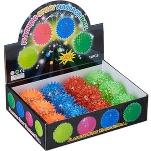 Relaxdays stuiterbal met lichtjes, set van 12, noppen, 4 kleuren, lichtgevende egelballen kinderen, Ø 6,5 cm, gekleurd