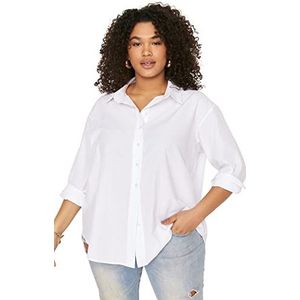 TRENDYOL Dames grote maten regular fit basic hemdblousekraag geweven stof plus-size shirt, wit, 52 NL