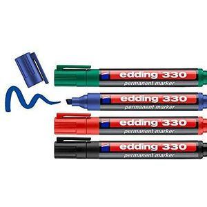edding 330 permanent marker - zwart, rood, blauw, groen - 4 stiften - beitelpunt 1-5 mm - watervast, sneldrogend - wrijfvast - voor karton, kunststof, hout, metaal, glas