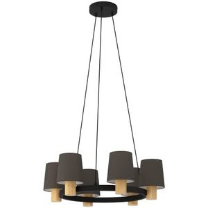 EGLO Kroonluchter Edale, 6-lamps hanglamp, ronde pendellamp voor woonkamer, slaapkamer en eetkamer, FSC100HB, eettafellamp van eiken hout en textiel in cappuccino, lamp hangend met E27 fitting