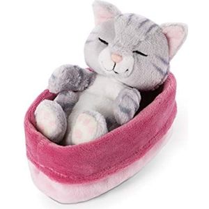 Knuffeldier Sleeping Kitties-kat 12 cm, grijs, in een rozepaarse mand
