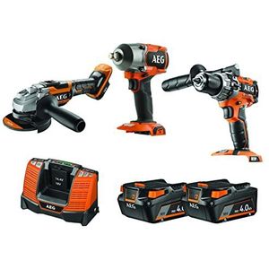 AEG - Set van 3 Brushless gereedschappen - 18V slagboormachine, 18V slagmoersleutel, slijpmachine 125 mm 18V, 2 accu's 4,0 Ah, oplader, opbergtas - JP18AA3-402B LK1