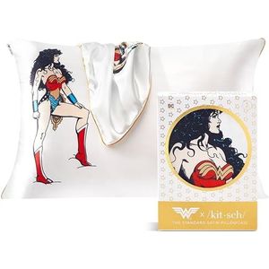 Kitsch Wonder Woman satijnen queen-kussensloop met ritssluiting voor haar en huid, zachter dan zijde, machinewasbaar, kreukvrij, satijnen kussenslopen, standaardformaat, motief: Believe in Wonder
