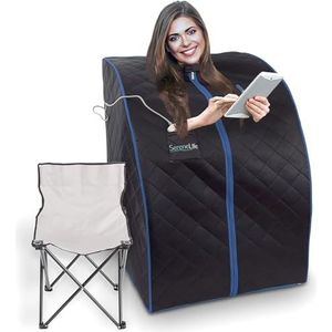 SereneLife Draagbare Sauna voor Thuisgebruik-Infrarood Saunatent met Verwarmd Voetkussen en Opvouwbare Stoel-Saunabox-Compacte Persoonlijke Detox Sauna-Afstandsbediening-101,6 x 83,8 cm-Zwart