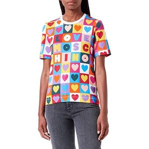 Love Moschino Dames T-shirt met korte mouwen, regular fit, bedrukt hart en vierkanten, Meerkleurig, 44