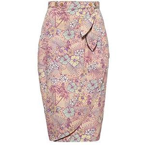 Queen Kerosin Kokerrok voor dames, wikkellook, Hawaiiaans tropisch patroon, koraalrood, XS