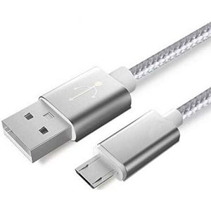 Metalen kabel, nylon, micro-USB, voor Samsung Galaxy J4+ smartphone, Android, oplader, aansluiting (zilver)