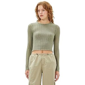 Koton Ajore T-shirt voor dames, ronde hals, slim fit, lange mouwen, Kaki (853), M