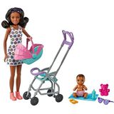 Barbie Skipper Babysitters Inc. Speelset met Babysitterpop (Krullend Bruin Haar), Wandelwagen, Babypop en 5 Accessoires, voor kinderen van 3 jaar en ouder, HHB68