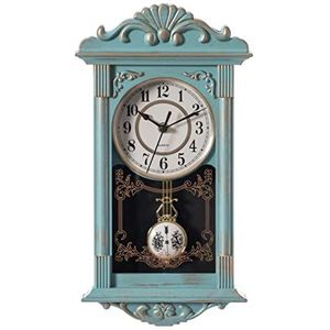 Clockswise Vintage Grandfather Houtuitziende Plastic Slinger Decoratieve Batterij Werkende Wandklok voor Kantoor, Woondecoratie, Woonkamer, Keuken of Eetkamer, Blauw met Goud Verontrust Ontwerp