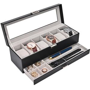 ProCase Horlogedoos voor mannen, 6 sleuven horloge vitrine met lade, heren horlogekast met glazen deksel, 2-laags sieraden en horlogeopslag horlogehouder organizer voor mannen vrouwen -6 sleuf, zwart