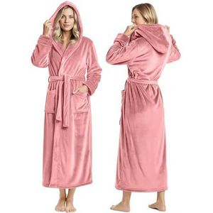 NY Threads Fleece badjas met capuchon voor dames, pluche, lange badjas, Koraal, L