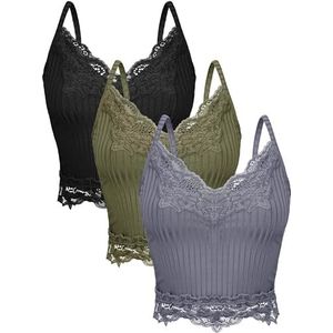 Bencailor 3 Pcs Women's Lace Tank Tops Y2k Camisole Lace Patchwork Crop Tops Grunge Style Ribbed Knitted Clothing(XL,Army Green, Gray, Black)