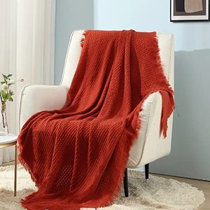 CREVENT 127 x 152 cm boerderij ademend lichtgewicht lente zomer herfst gebreide deken voor bank stoel (verbrand oranje/roestbruin baksteenrood - wafel)